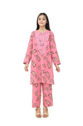 Plum 100% Cotton Lawn Peach Pink Colour Printed Yellow Olive Flowers Embroidered Pink threads On Stitched 2 pc suit for Girls.